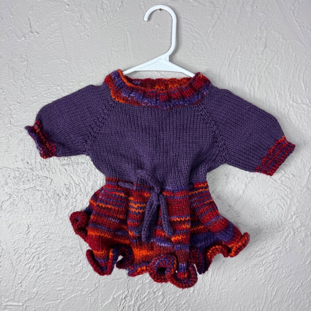 Vintage 80s / 90s Handmade knit crochet purple baby dress ruffle fall dress